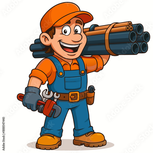 A cartoon illustration of a happy plumber holding plumbing supplies
