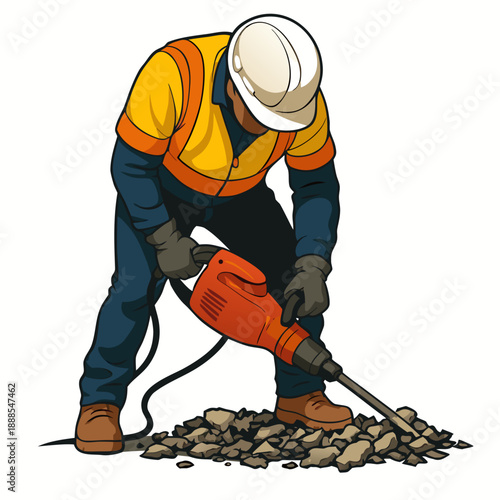 A construction worker using a jackhammer to break up rocks on a site