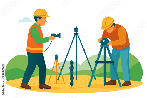 Two construction workers using surveying equipment on a building site
