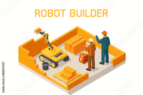 A robot builder and two construction workers building a structure with blocks