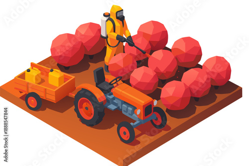 A 3D illustration of a farmer harvesting apples with a tractor