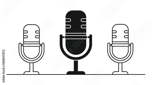 Three vintage microphones displayed in a simple black silhouette