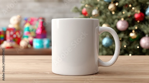 Wallpaper Mural Blank White Mug Mockup on Wooden Table with Christmas Tree and Gifts Background Torontodigital.ca