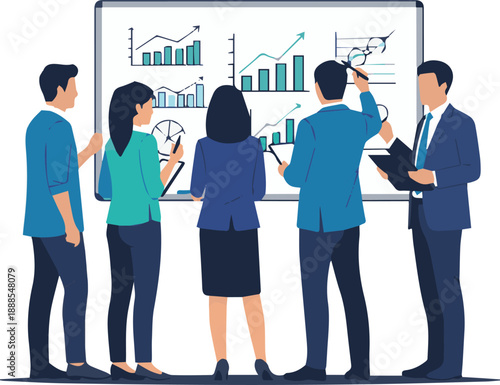 A team of professionals analyzing charts and graphs on a large whiteboard during a meeting