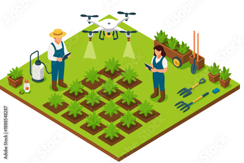 Two farmers working in a modern agricultural field with drone technology