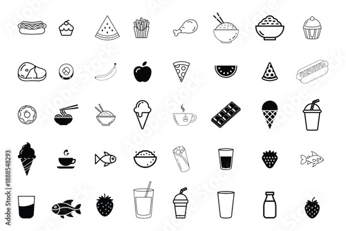Minimal food and drink line icon set in white background. Clean outline vector icons for apps, websites, menus, UI, and branding use.