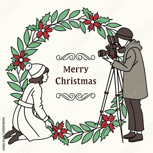 Christmas photoshoot with wreath and photographer capturing the moment.