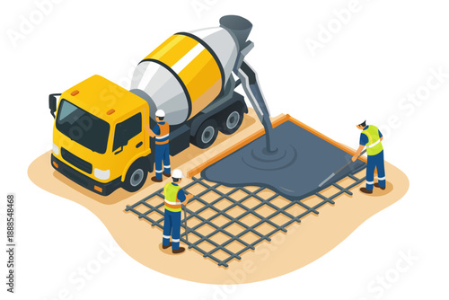 Construction workers pouring concrete from a cement mixer truck