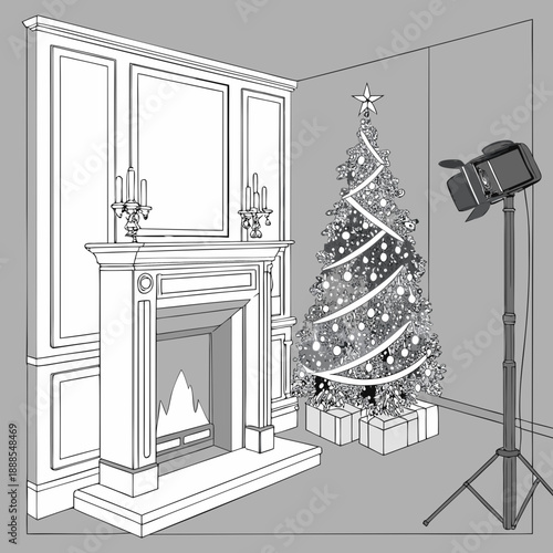 Christmas Tree and Fireplace in Cozy Room Illustration.