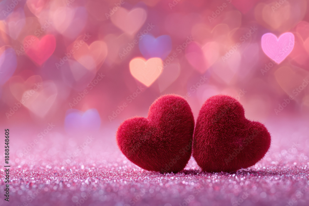 Obraz premium Valentine’s Day plush red hearts on sparkling pink background, soft romantic love themed backdrop featuring luxurious fabric hearts and shimmering glitter for greeting cards and branding