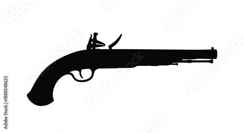 Black flintlock pistol design isolated on a white background silhouette