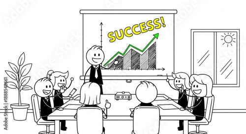 Business meeting with successful presentation and happy employees celebrating achievement.