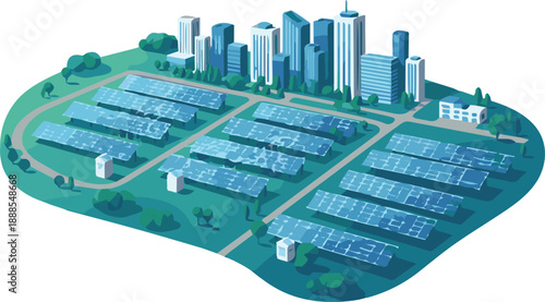 Aerial view of a cityscape with solar panels on rooftops in a futuristic urban landscape
