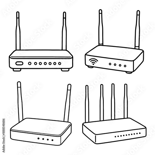 Wi-Fi Router With Antennas Line Art Vector Illustration Set