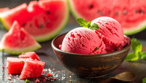 Delicious homemade watermelon ice cream served in a rustic bowl with fresh mint garnish and juicy watermelon pieces on a rustic table.