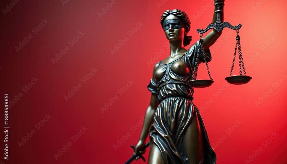 Obraz premium Lady Justice statue holds scales and sword against bright red backdrop. Symbol of fairness, law, truth, and jurisprudence. Represents legal and ethical principles for a balanced outcome.