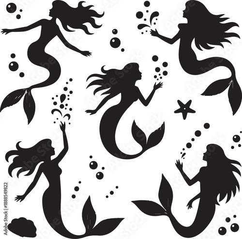 black silhouettes of mermaids swimming with seaweed and bubbles