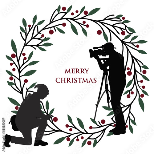 Festive Christmas Filming Crew Silhouette Wreath Illustration.