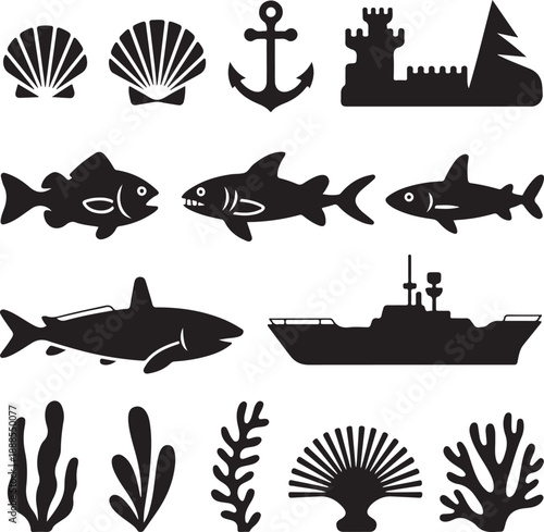 Black silhouettes of ocean animals and objects on white background