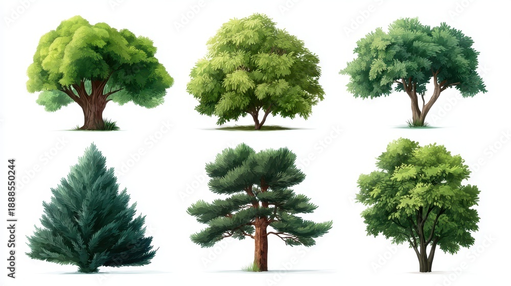 Fototapeta premium Diverse Collection of Realistic Trees in Various Shapes and Sizes for Nature Illustrations and Environmental Themes