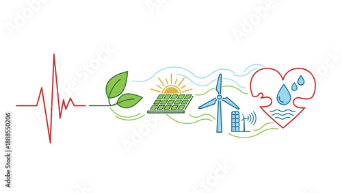 Heartbeat line with environmental and renewable energy symbols, Generative AI.