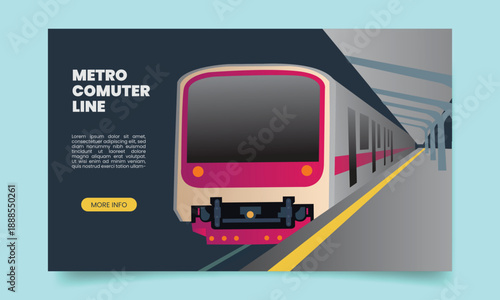 Flat vector illustration of a modern metro commuter train at an underground station. Clean urban transportation design suitable for public transit concepts, city commuting, travel