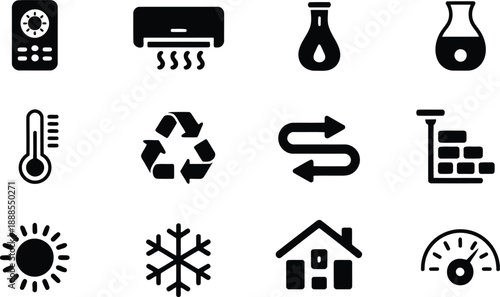 A collection of twelve black silhouette icons representing modern environmental and home control concepts