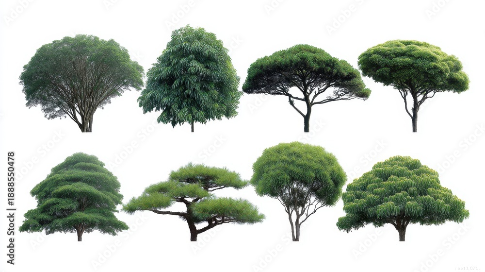 Fototapeta premium Various tree species showcasing diverse shapes, textures, and foliage colorations representing nature's beauty and ecological diversity in a minimalist setting