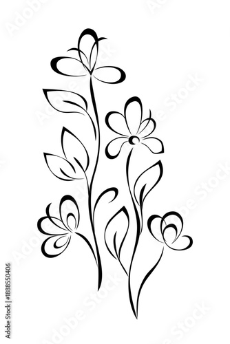 stylized blossoming flowers on tall stems with leaves; graphic decor