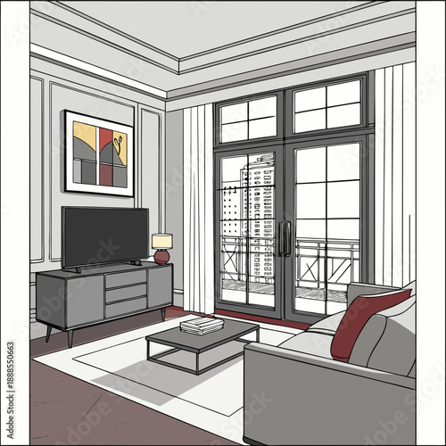 Living Room Interior Design with Modern Furniture and City View.