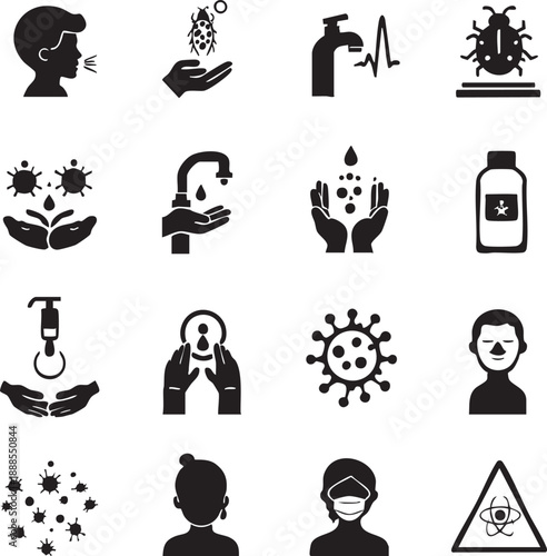 Virus Prevention Icon Set – 16 Black and White Hygiene and Health Safety Vectors Featuring Hand Washing, Sanitizing, Face Masks, and Germ Protection Symbols