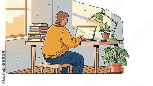 man working on laptop at desk, home office, plants, sunlight