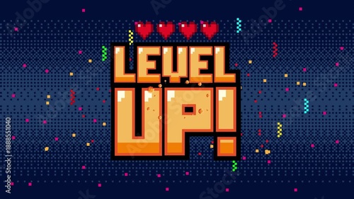LEVEL UP text with gold coin ,with life hearts indicator on blue background.pixel art .8 bit game.retro game. for game assets in vector illustrations.