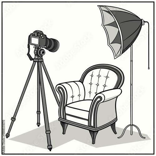 Photography Studio Setup with Camera Chair and Lighting.