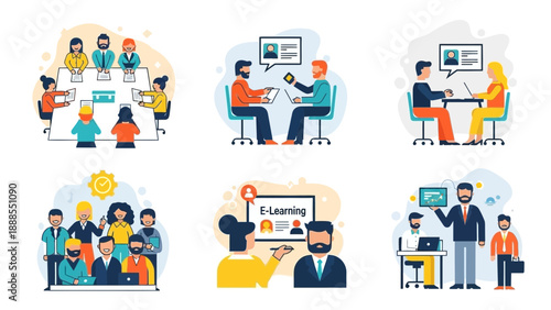 business team meeting, interview, online learning, teamwork