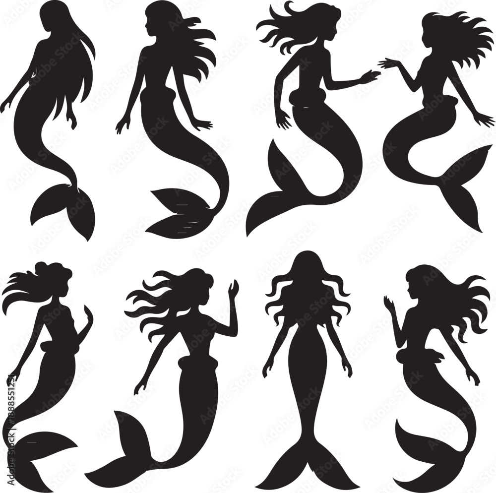 Fototapeta premium blacksilhouettesofvariousmermaidsindifferentposes
