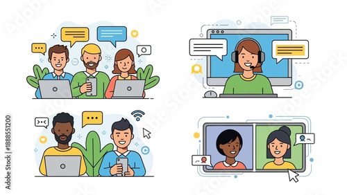 online communication concept, video call, remote work, teamwork