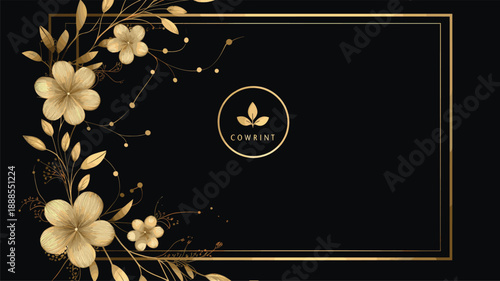 Luxury Gold Floral Frame with Logo Space on Black Background, Elegant Branding Template Design