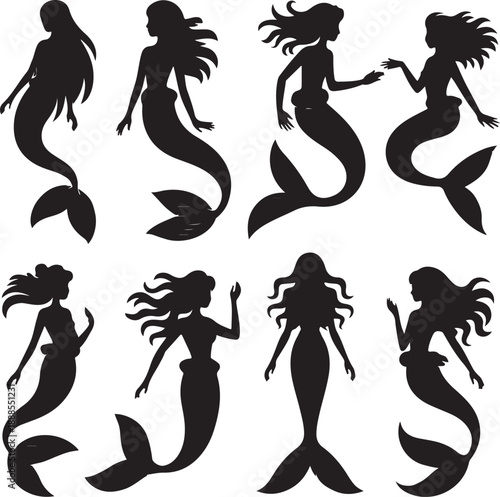blacksilhouettesofvariousmermaidsindifferentposes