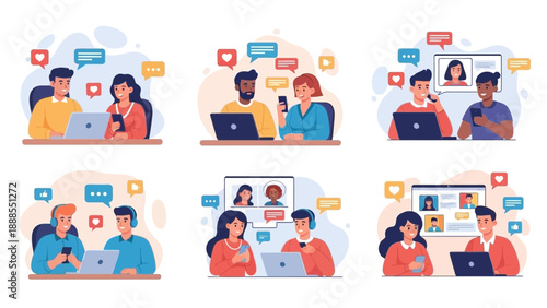 people using devices, social media, online communication concept