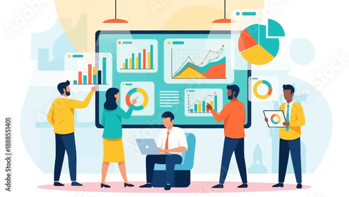 business team analyzing data on screen, teamwork concept