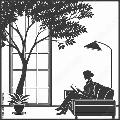 Silhouette of a Woman Reading by the Window.
