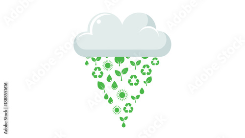 Cloud Raining Green Recycling Symbols and Leaves, Generative AI.