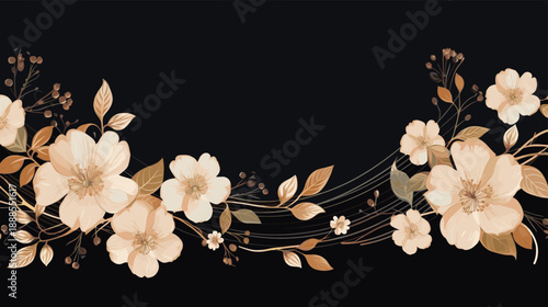 Elegant Gold Floral Frame on Black Background, Luxury Wedding Invitation Banner Design