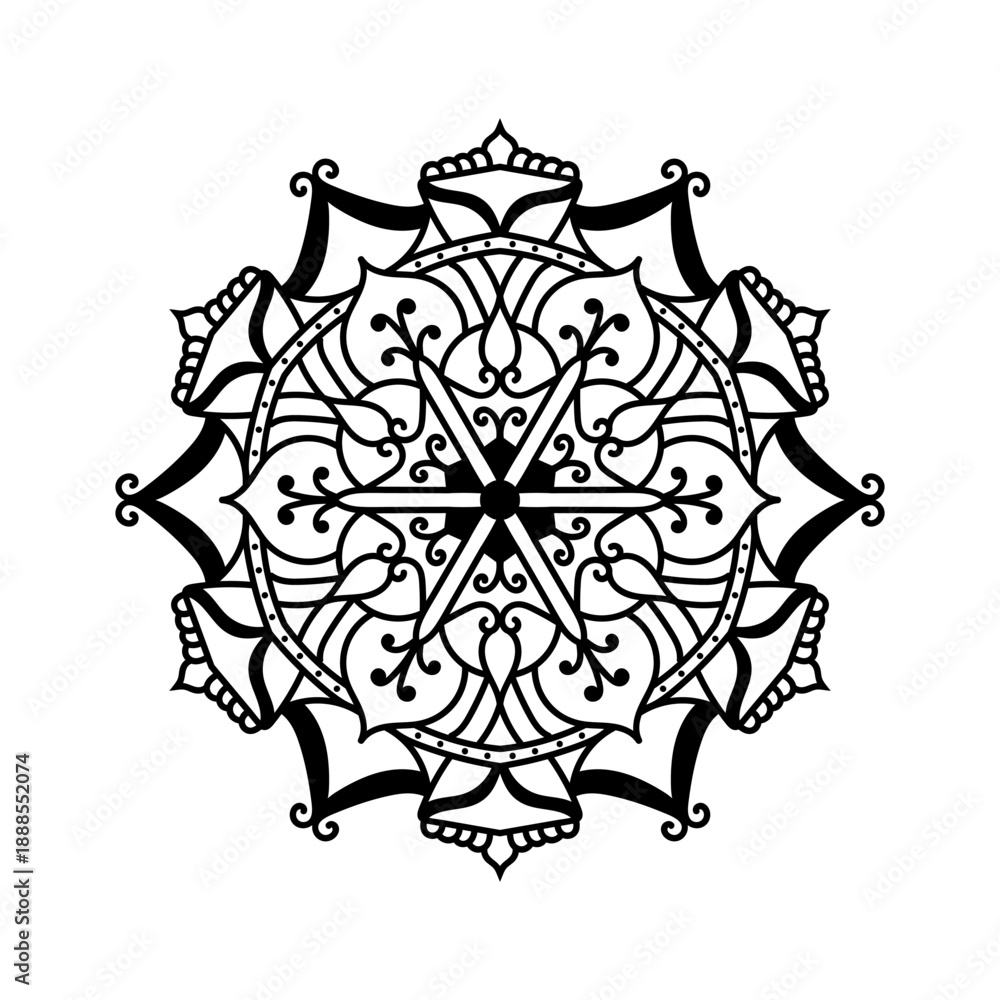 Fototapeta premium This black and white mandala combines sharp geometric forms with flowing ornamental curves, arranged around a strong central axis. Created as detailed line art for coloring pages, tattoos, prints.
