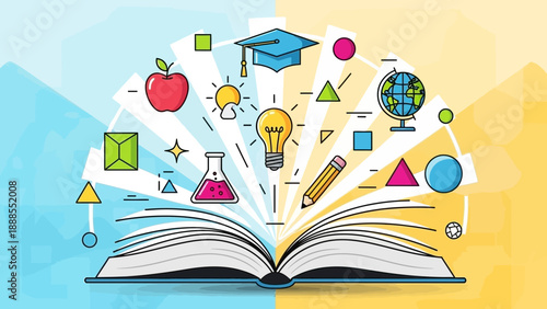 education concept, open book with knowledge symbols