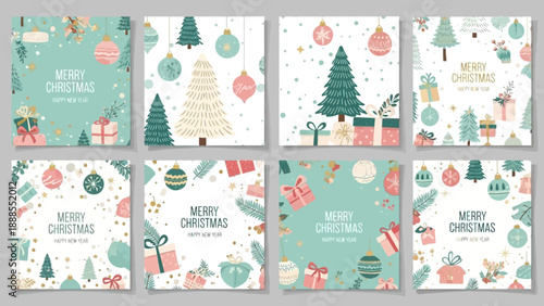 christmas greeting cards set, holiday season, festive design, gifts and ornaments