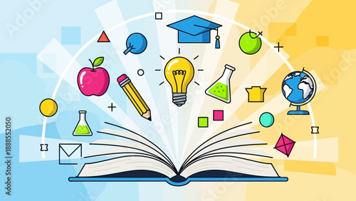 education concept illustration, open book with school elements
