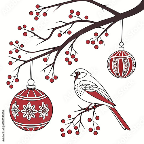 Winter Bird and Ornament Illustration on Branch.