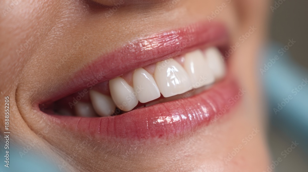 Naklejka premium Close-up of a smiling caucasian female with bright white teeth.
